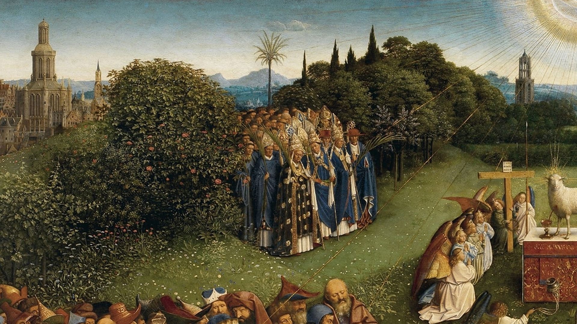 A group of clergy in blue robes gather near a lush green hedge, with a cityscape in the background. On the right, people kneel before a lamb on an altar, with golden rays shining down from above.