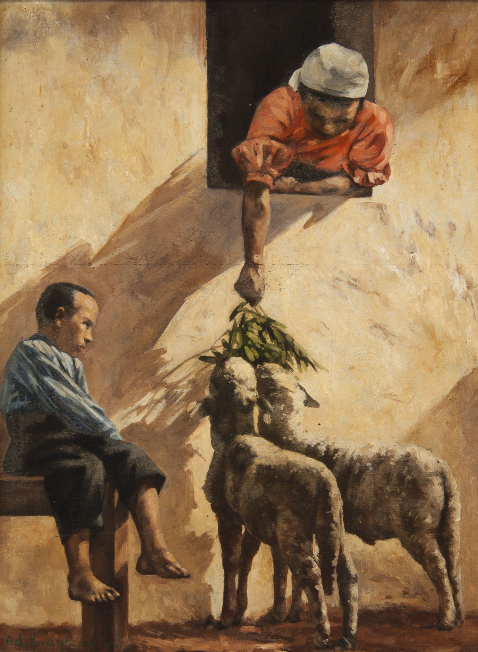 Van_Emelen,_Adrien_Henri_Vital_-_Mulher_na_Janela_Alimentando_Cordeiros,_Menino_Sentado_numa_Banqueta_(cropped)
