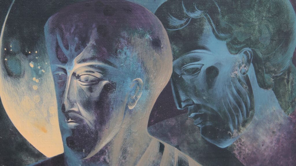 Two abstract, expressionist faces in profile, painted in blue and purple tones, appear somber and contemplative. A bright, circular shape in the background suggests a moon or light source.