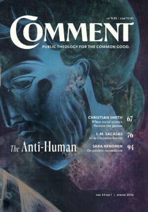 The Anti-Human 44.1 | Spring 2026 features a magazine cover with a stylized, somber blue and purple statue-like face and articles by Christian Smith, L.M. Sacasas, and Sara Hendren.