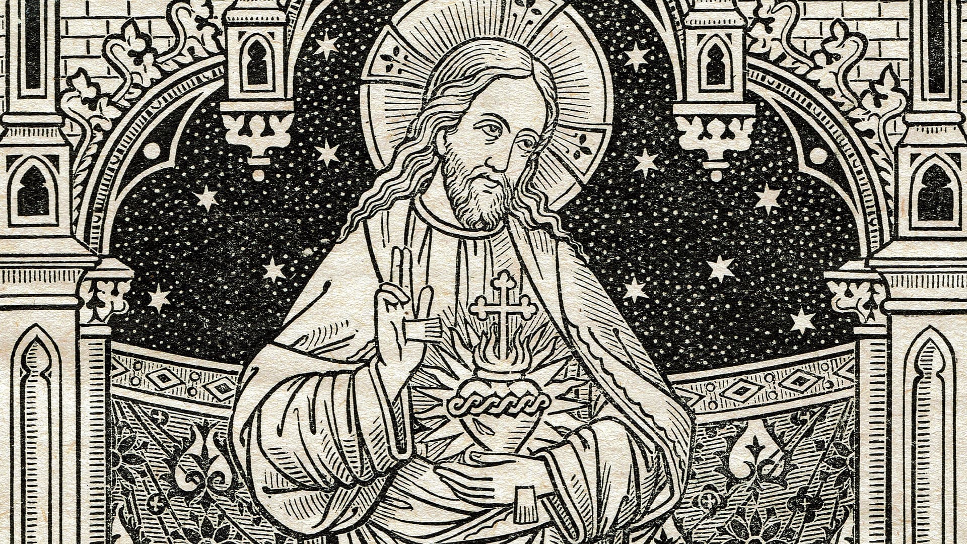 Illustration of Jesus with a radiant halo, holding a cross and displaying the Sacred Heart. The background features stars, ornate architectural designs, and detailed patterns in a religious style.