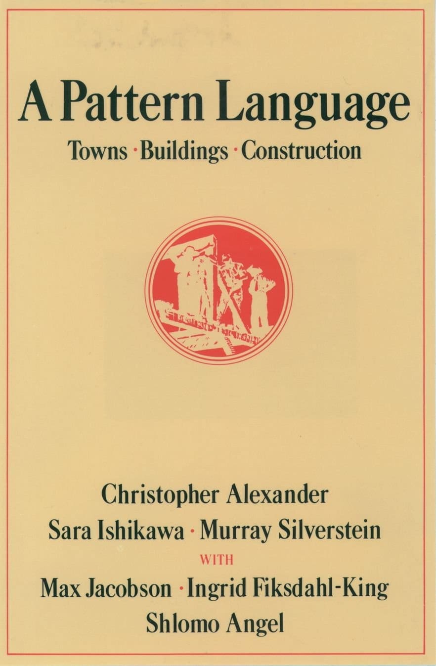 Book cover of A Pattern Language: Towns, Buildings, Construction by Christopher Alexander, Sara Ishikawa, and Murray Silverstein, featuring a red illustration of people surveying, with beige background and black text.