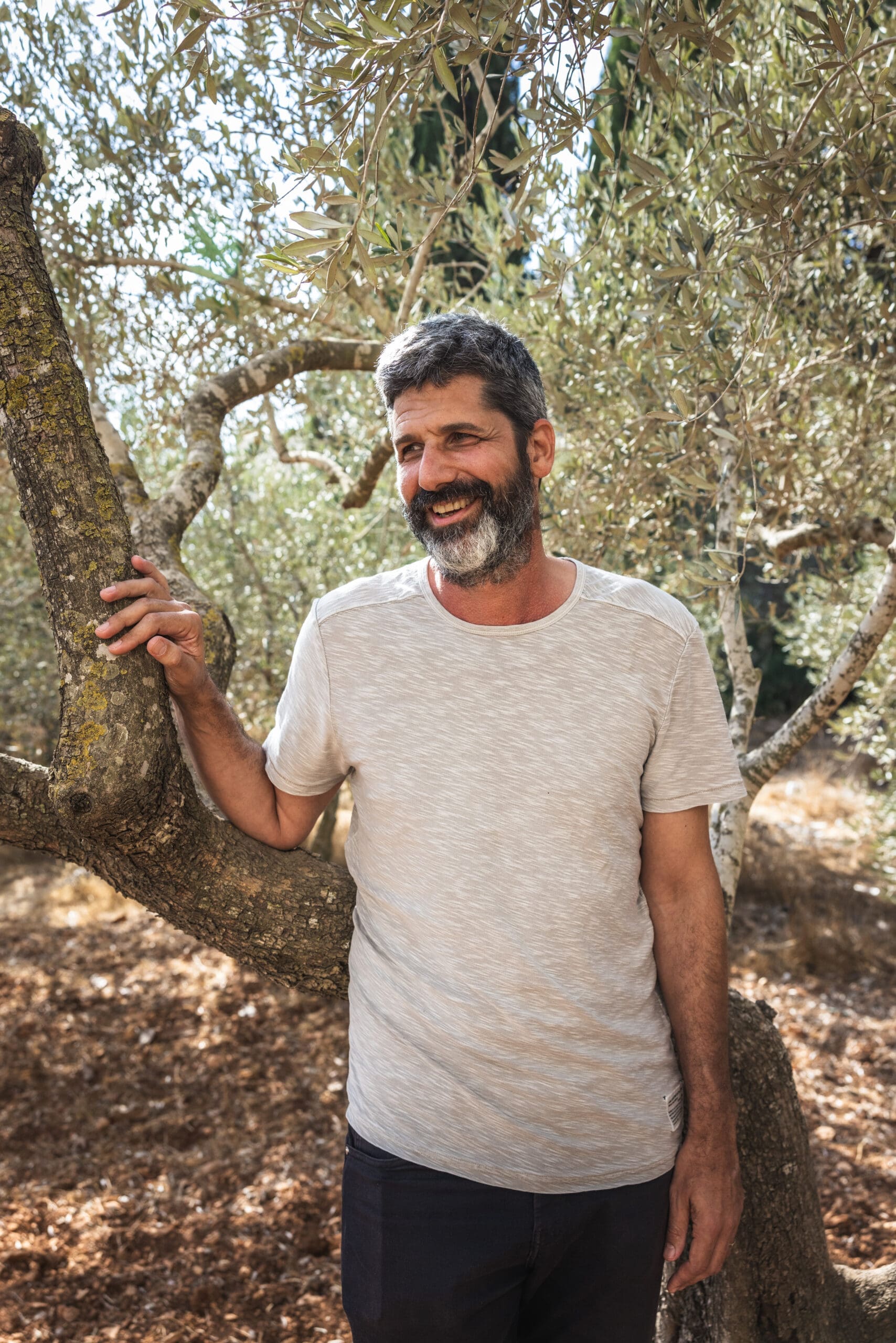A man with short dark hair and a beard, wearing a light-colored t-shirt, smiles while standing outdoors and resting his hand on a tree branch in a sunlit, leafy area.