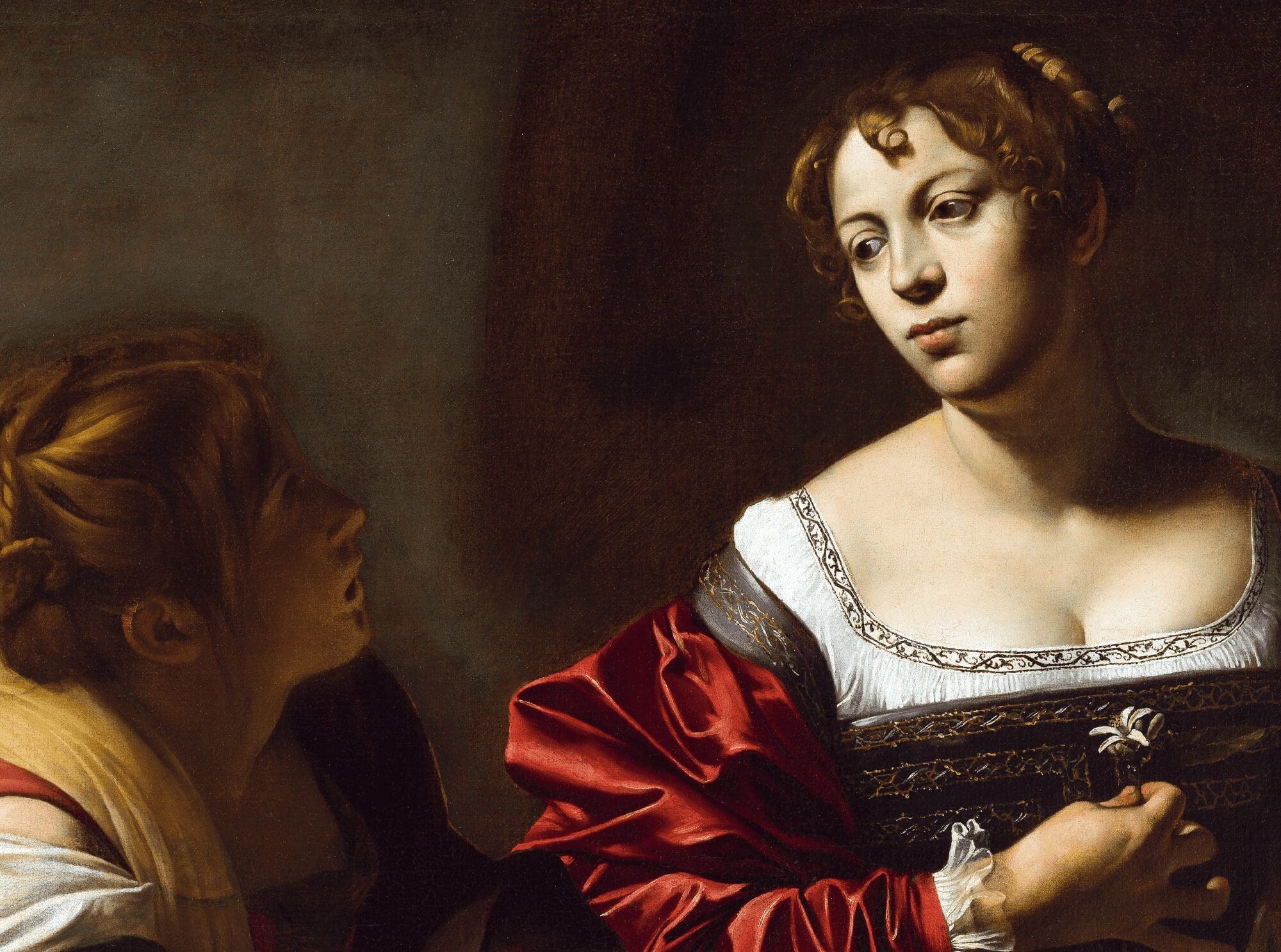 Two women in Renaissance-era clothing are depicted. One looks upward in shadow, while the other, dressed in a white and red dress with jewelry, gazes pensively to the side against a dark background.