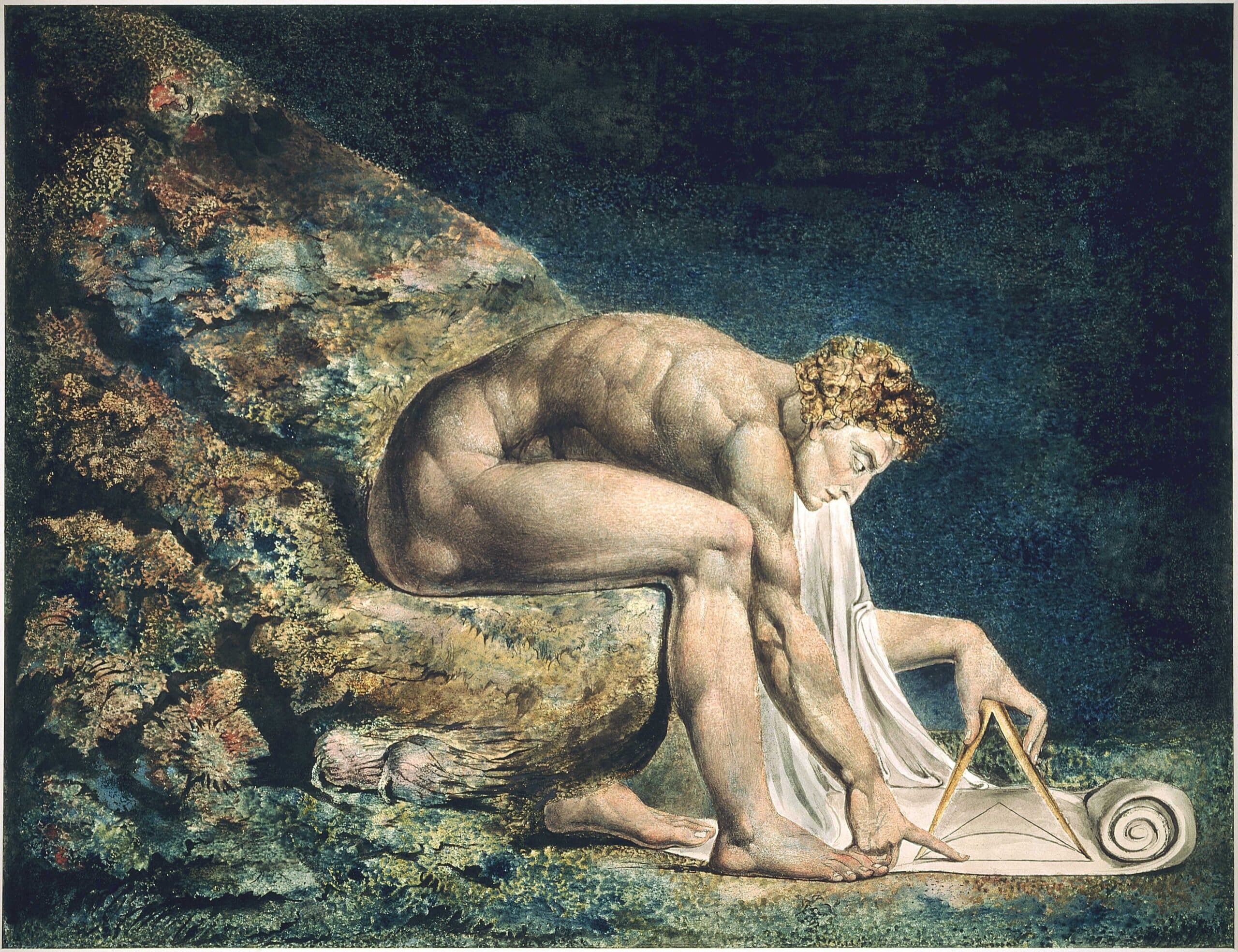 A muscular, nude man sits on a rocky ledge, bent over and drawing geometric shapes with a compass on a scroll, against a dark, textured background.