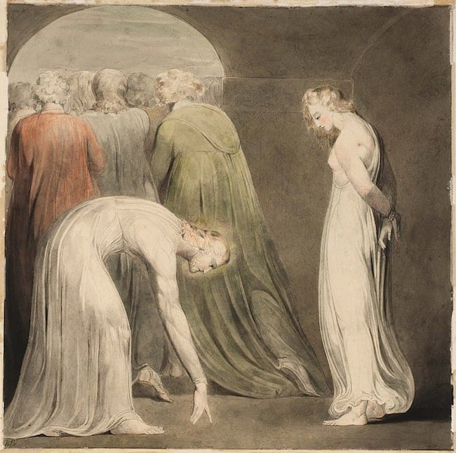 A group of robed figures stands under an archway, while in the foreground, one woman bends down and another stands with her hands behind her back, both dressed in flowing white garments. The scene is somber and expressive.