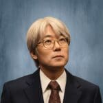 A middle-aged person with light gray hair and glasses, wearing a dark suit, white shirt, and patterned tie, looks thoughtfully upward against a blue textured background.