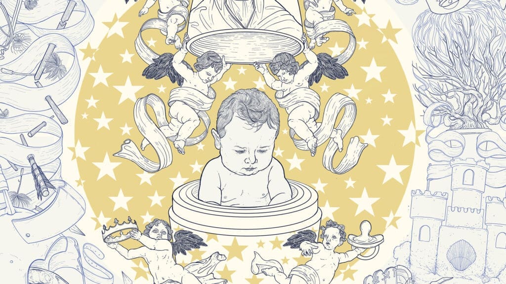 A central baby with a solemn expression sits in a circular frame, surrounded by cherubs, yellow stars, ribbons, and a castle in the background, all illustrated in a detailed, whimsical style.