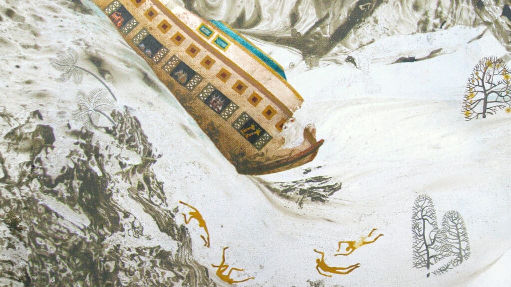 A stylized image of a large, rectangular boat with decorative windows gliding through swirling white and gray waters, accompanied by gold swimming animals and delicate tree illustrations on either side.