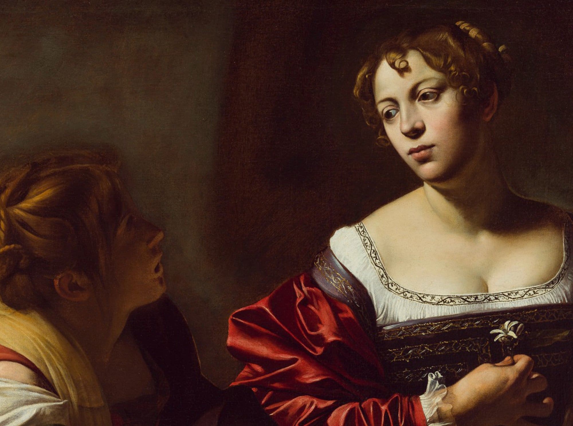 A Renaissance-style painting shows two women; one woman in a red dress holds a white flower to her chest and looks thoughtfully to the side, while the other, partially in shadow, appears to speak to her.
