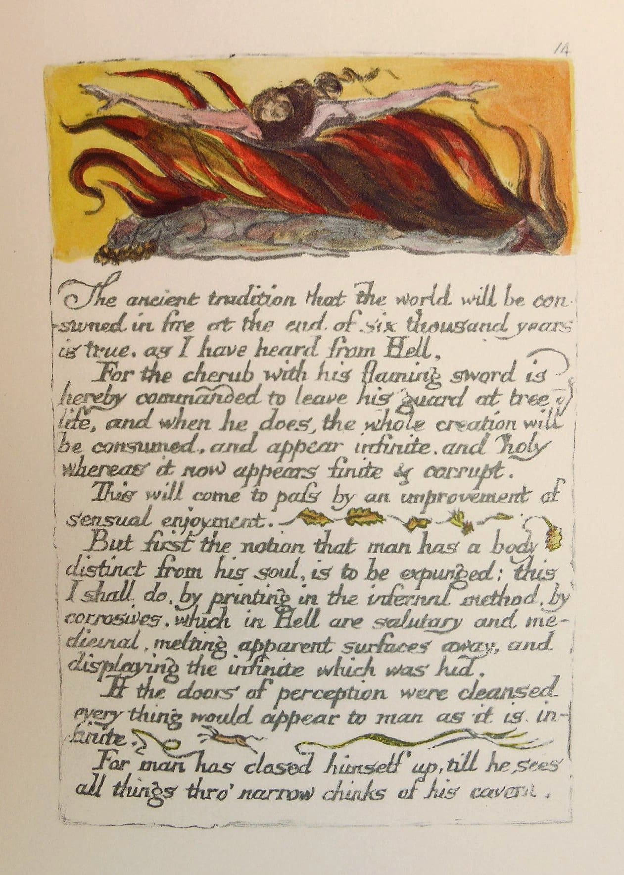 An illustrated page with handwritten text; above, an angel with a flaming sword flies over dark red and orange flames against a yellow sky. Handwritten text fills the lower half against an off-white background.