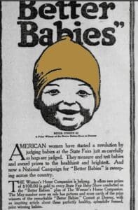 Black and white newspaper clipping featuring a child wearing a hat, captioned as a prize winner at a Better Babies show. Below, text describes a campaign promoting healthy babies at state fairs.