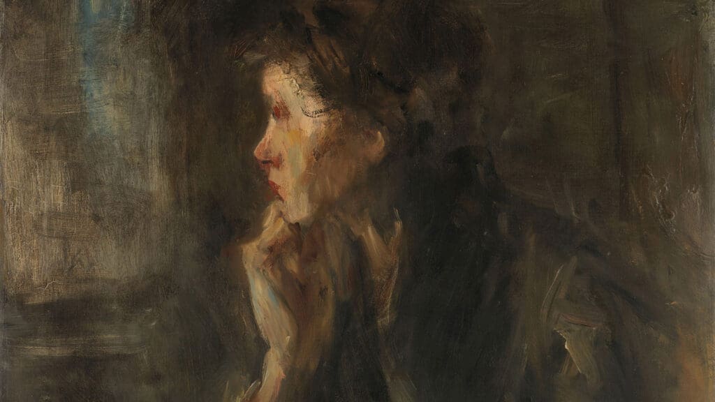 Impressionist-style painting of a person in profile, with their chin resting on their hand, gazing left. The muted, earthy tones create a contemplative, introspective mood. The facial features are softly blurred.