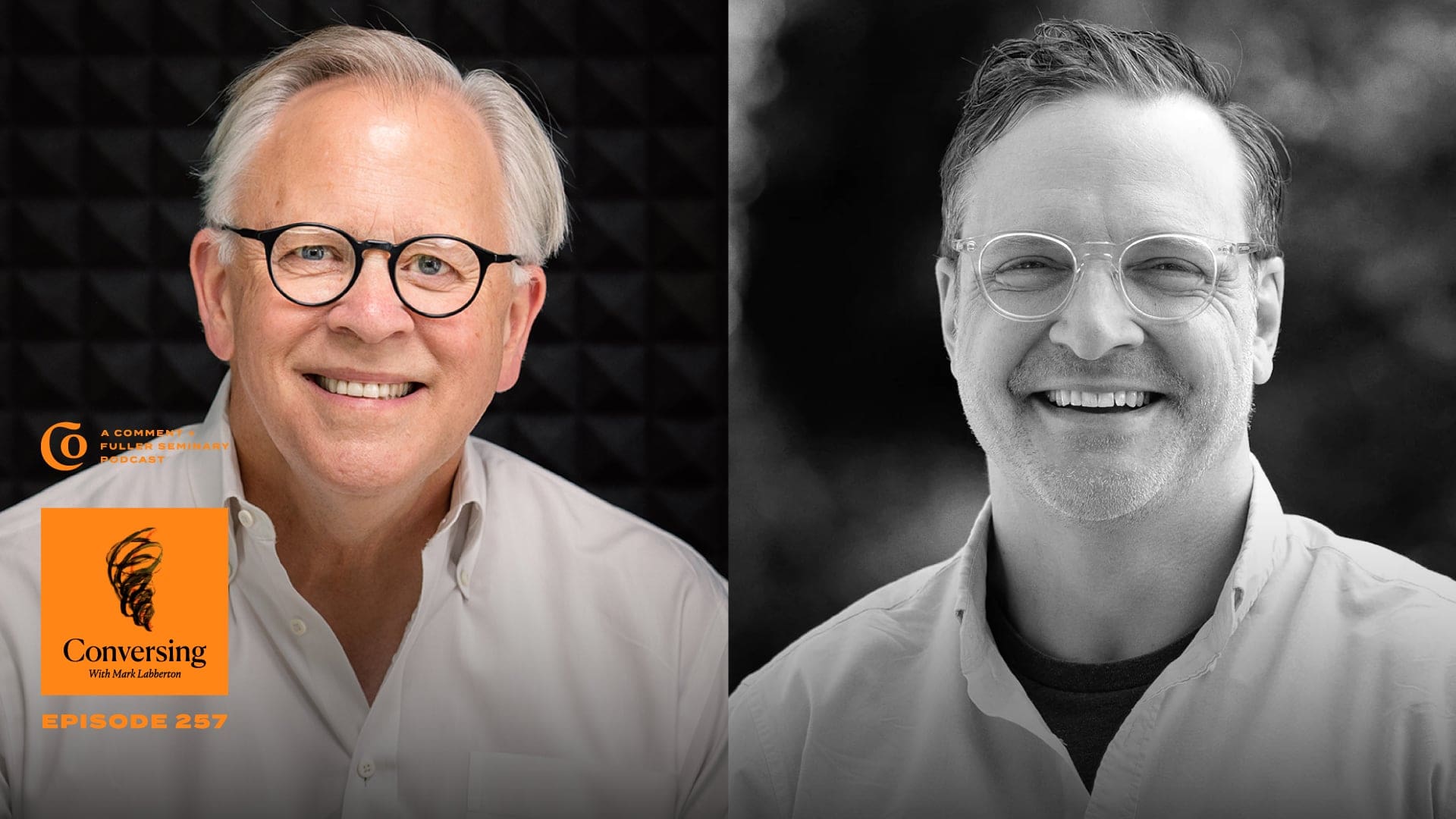 Two smiling men with glasses are shown side by side. The man on the left is in color with a dark, textured background; the man on the right is in black and white with a blurred outdoor background. Conversing podcast logo appears in the corner.