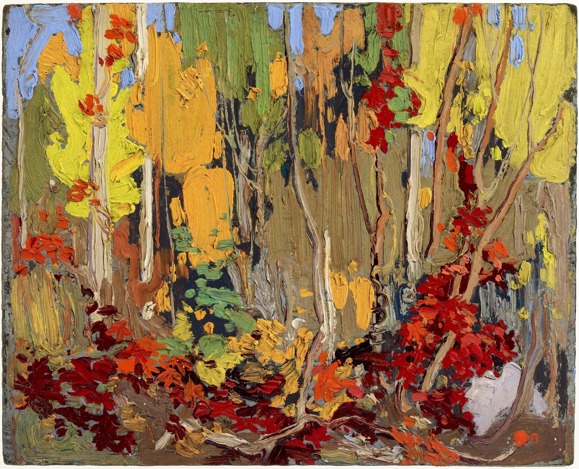 An impressionistic painting of a vibrant autumn forest, featuring bold strokes of yellow, orange, red, and green, representing trees and leaves, with a few tree trunks visible among the colorful foliage.