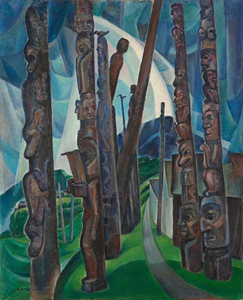 A vibrant painting depicts several tall, carved totem poles on green grass against angular blue and white shapes, evoking a forest scene under a dramatic sky. Figures and faces are visible in the wood carvings.