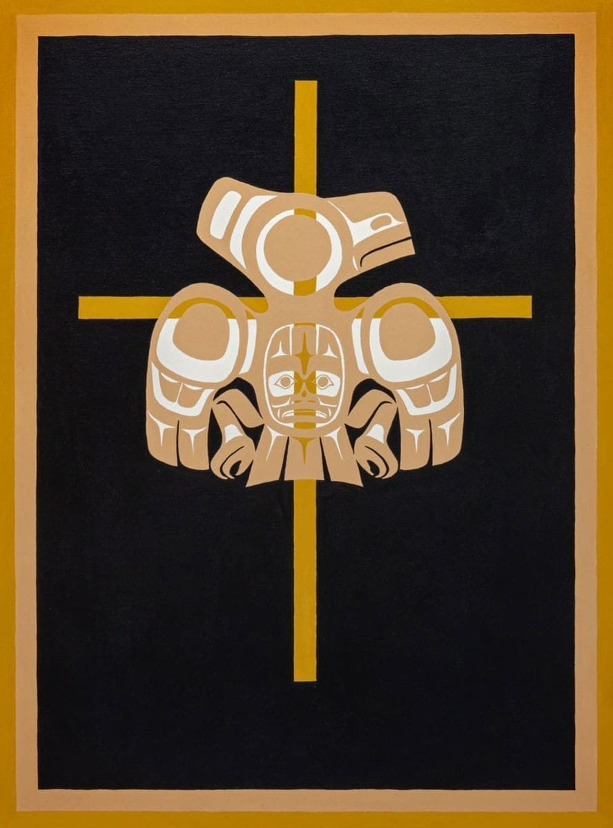 A stylized, tan-colored bird with an abstract face is centered over a golden cross on a black background, bordered by a gold frame. The design has Indigenous art influences.