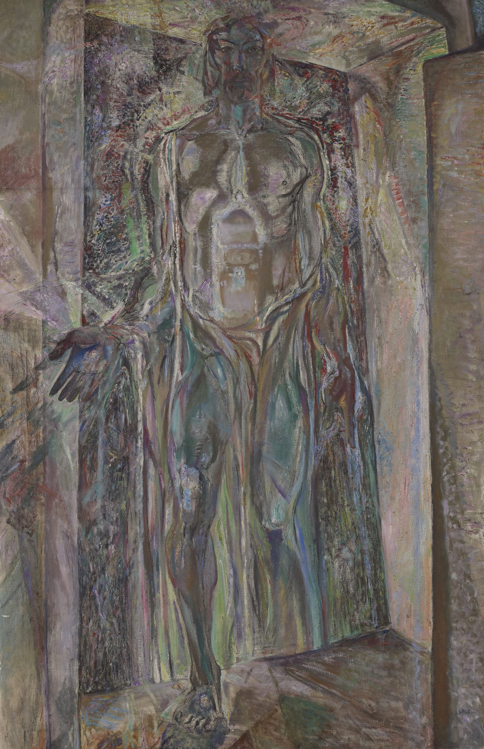 A painting of a tall, muscular, nude male figure with outstretched arm standing in a doorway, rendered in layered, textured brushstrokes with a mix of purples, greens, and earth tones, creating a dramatic, ethereal effect.