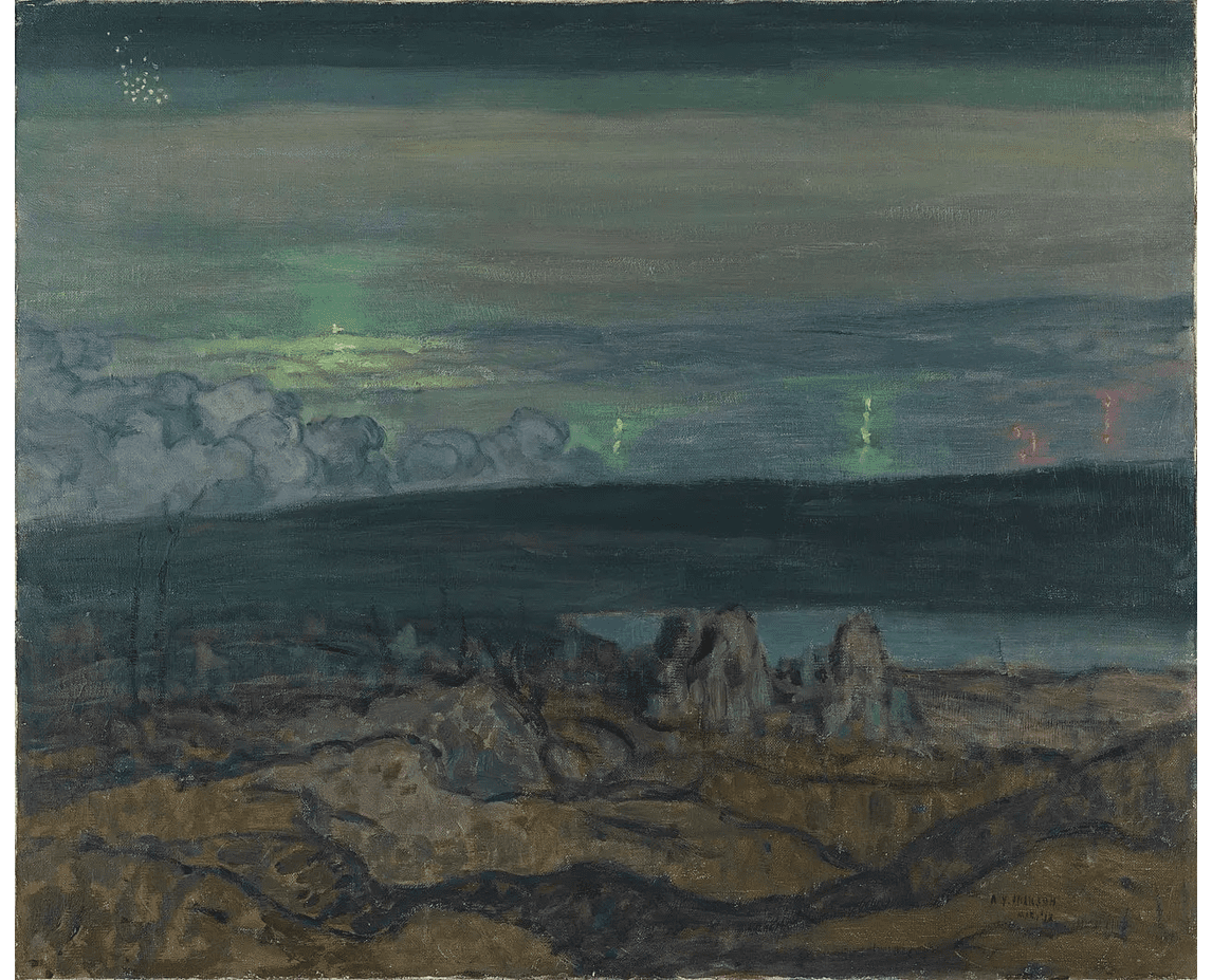 A painting depicts a bleak, rocky battlefield under a cloudy night sky. Green and red flares or lights glow above the dark horizon, casting an eerie light over the scene. The foreground is barren with scattered debris.