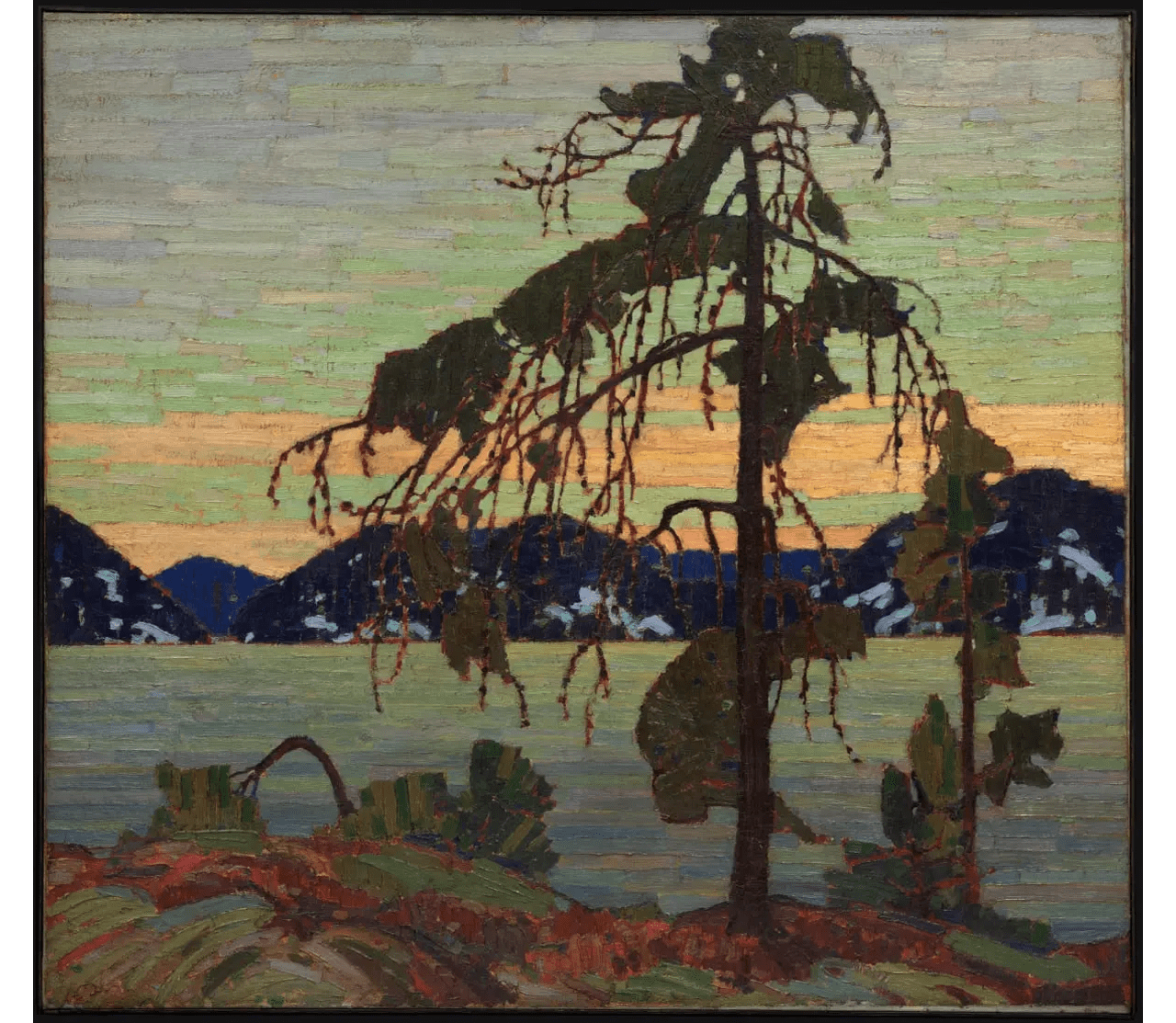 A tall, sparse pine tree stands in the foreground on rocky ground, with a lake, dark mountains, and a pastel sky in the background. The scene is painted in bold brushstrokes and earthy, muted colors.