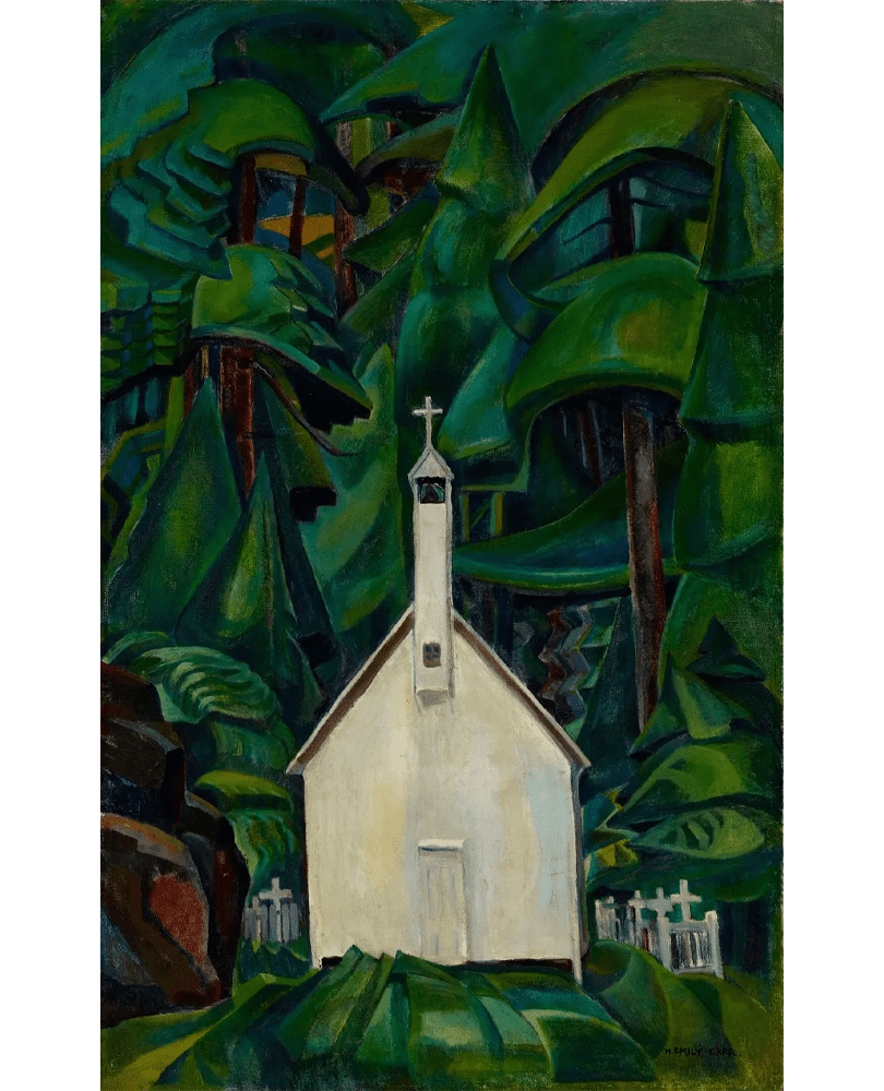 A small, white church with a steeple stands surrounded by tall, abstract green trees and gravestones, creating a vibrant, forested setting.