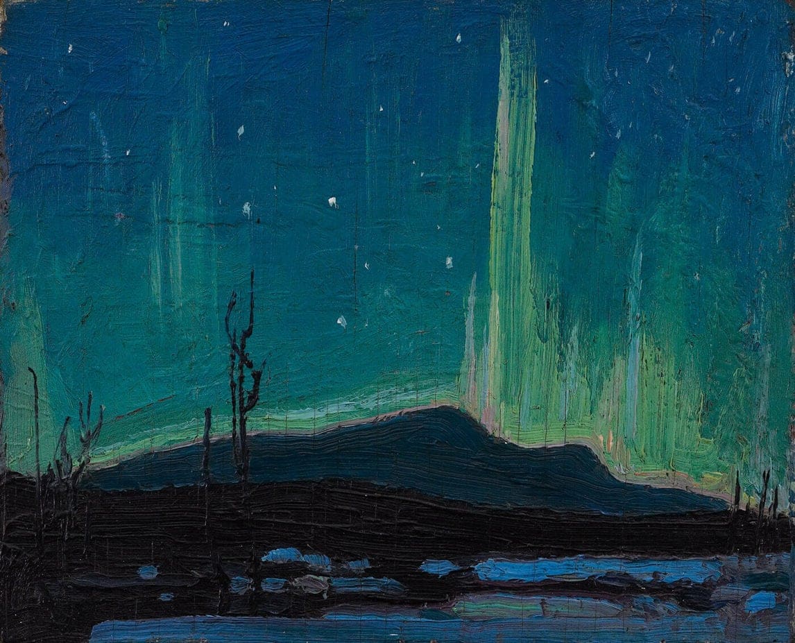 An impressionist painting of the northern lights glows green and turquoise in the night sky above dark hills, bare trees, and a reflective body of water, with stars scattered overhead.