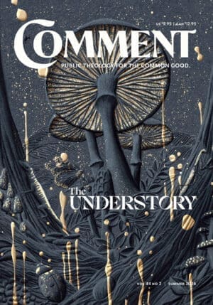 Magazine cover features artistic illustration of large mushrooms and foliage in dark blue and gold tones, with the title COMMENT and the headline The Understory prominently displayed.