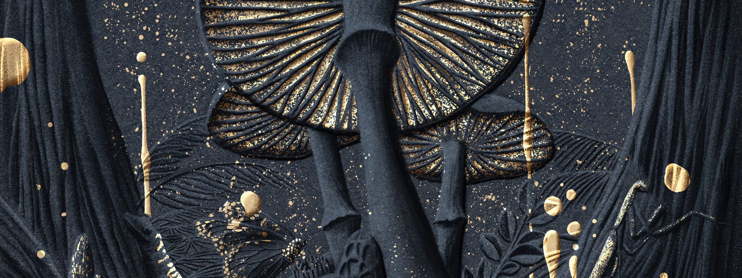 Stylized illustration of mushrooms with black stems and gold accents, surrounded by abstract gold splatters and botanical patterns on a dark background.