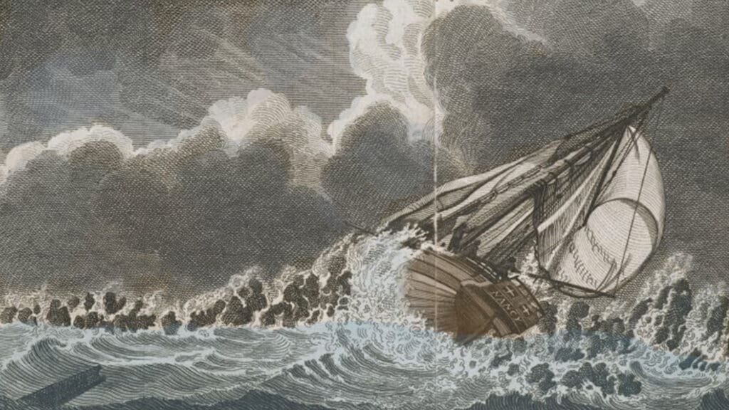An old sailing ship struggles against rough, crashing waves under a stormy sky with dark clouds. The ship tilts as it battles the turbulent sea, its sails partially unfurled and catching the strong wind.