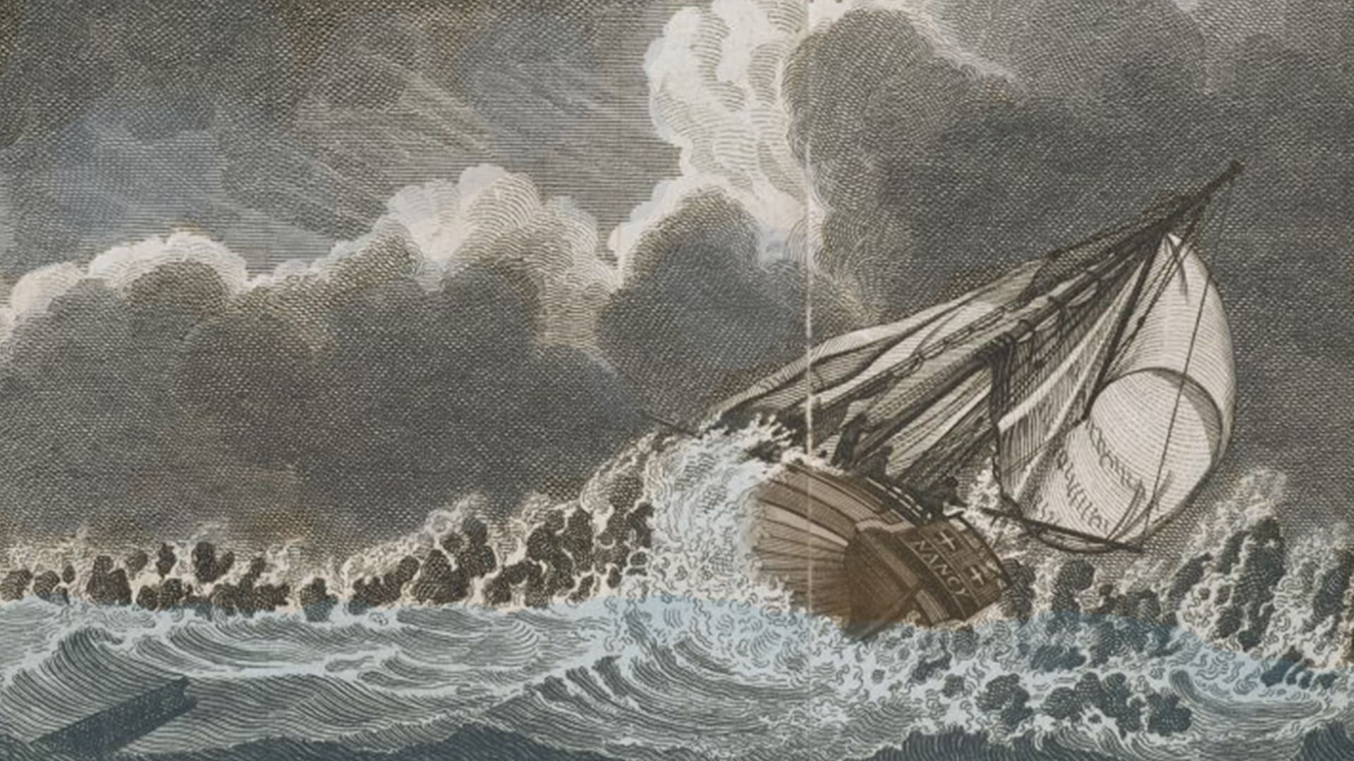 An old sailing ship struggles against rough, crashing waves under a stormy sky with dark clouds. The ship tilts as it battles the turbulent sea, its sails partially unfurled and catching the strong wind.