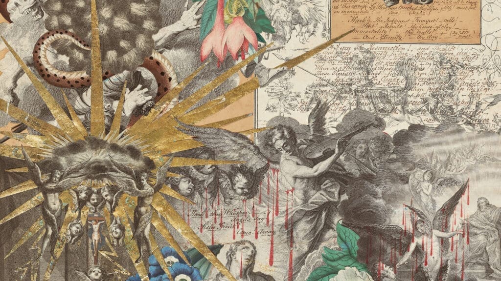A surreal collage featuring classical engravings of angels, gold rays, dripping red paint resembling blood, handwritten script, blooming flowers, and a fur-covered hoof, blending religious and botanical imagery in a chaotic, dreamlike scene.