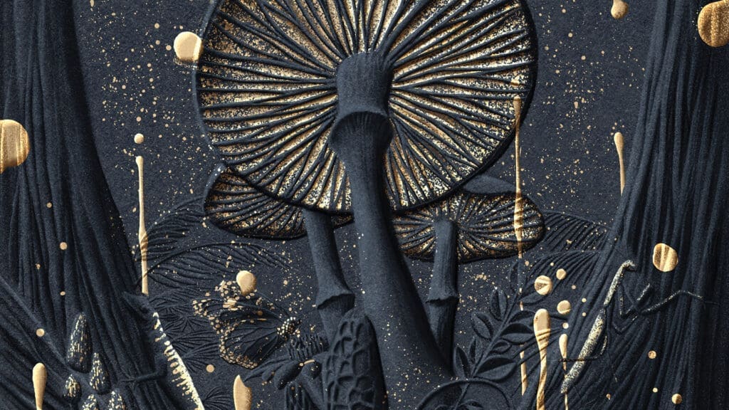 Artistic illustration of mushrooms with textured, dark stems and caps, highlighted by golden accents and splatters on a dark background, surrounded by abstract foliage and organic shapes.