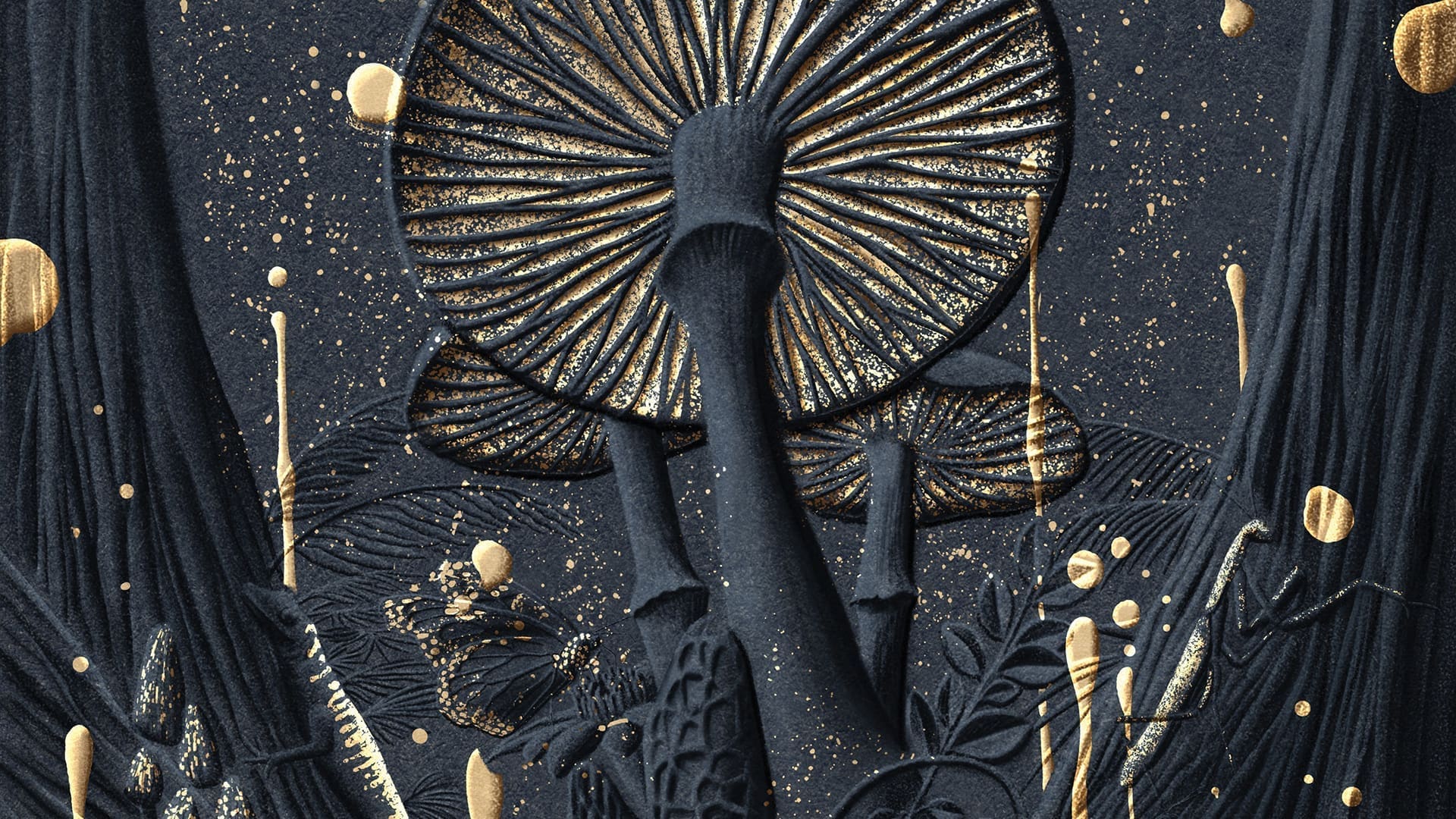 Artistic illustration of mushrooms with textured, dark stems and caps, highlighted by golden accents and splatters on a dark background, surrounded by abstract foliage and organic shapes.