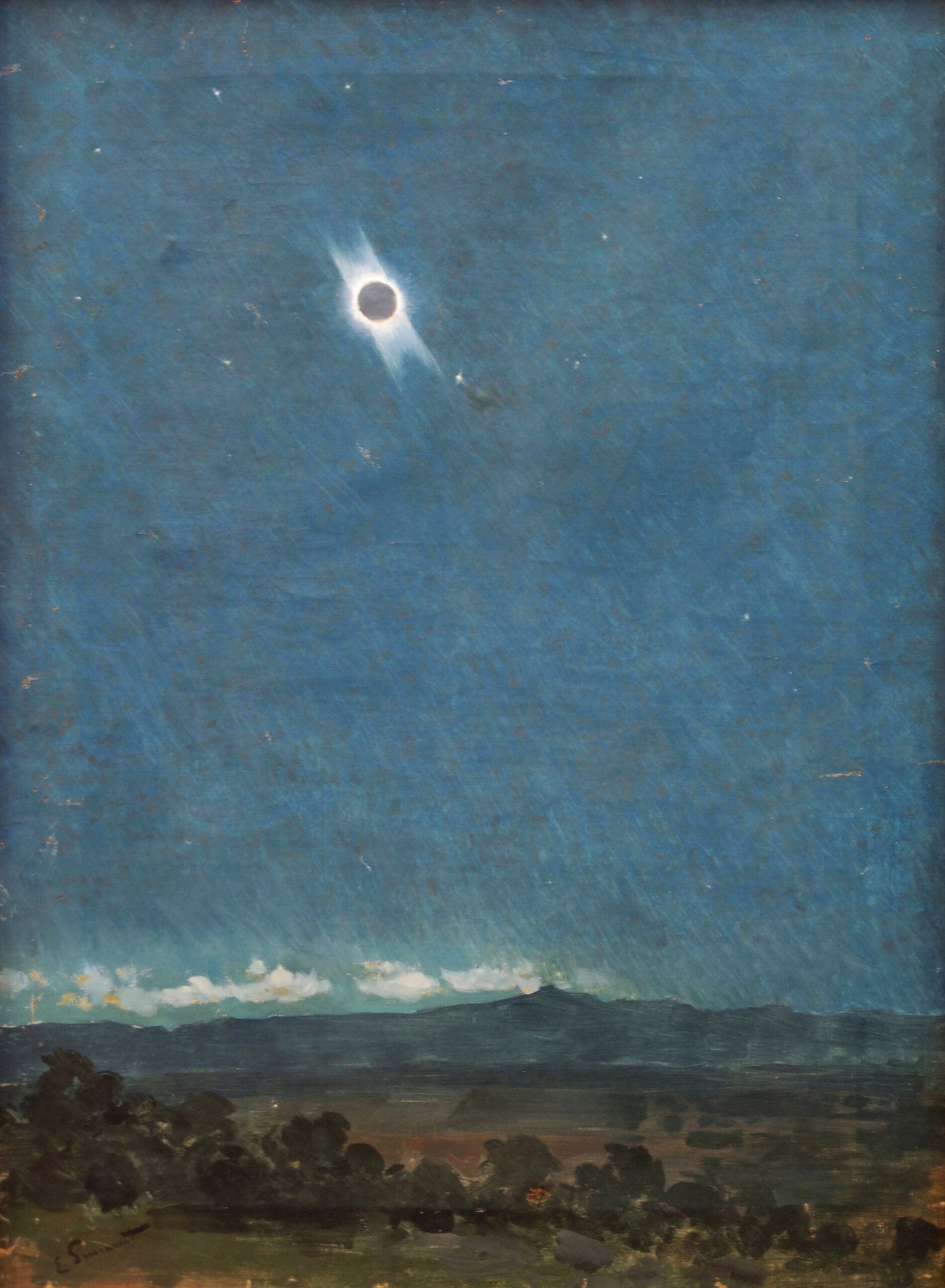 A painting depicts a solar eclipse in a dark blue sky over a landscape of trees, distant mountains, and scattered clouds near the horizon. The sun’s corona glows around the blackened moon.