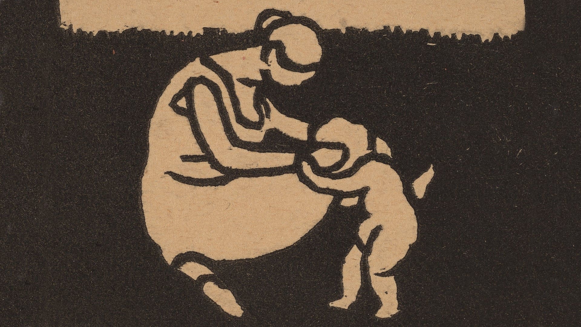 A simple, black and white illustration of a woman bending down and holding the hands of a small child, against a plain background.