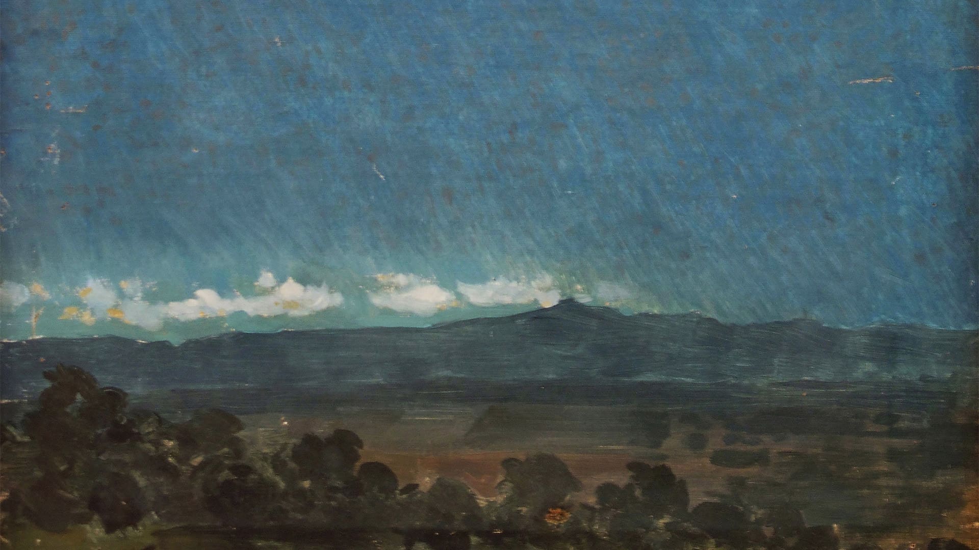 A painting of a landscape with a dark green ridge of hills against a deep blue sky scattered with thin white clouds, and silhouettes of trees in the foreground.