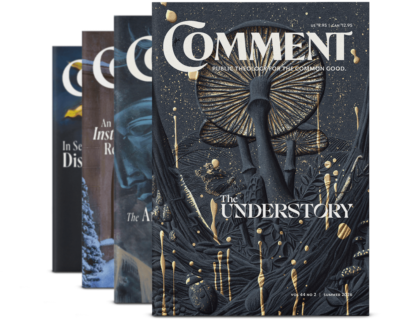 Four overlapping issues of Comment magazine, with the front cover titled The Anti-Human featuring abstract blue artwork of a face and hand, and article headlines by Christian Smith, L.M. Sacasas, and Sara Hendren.