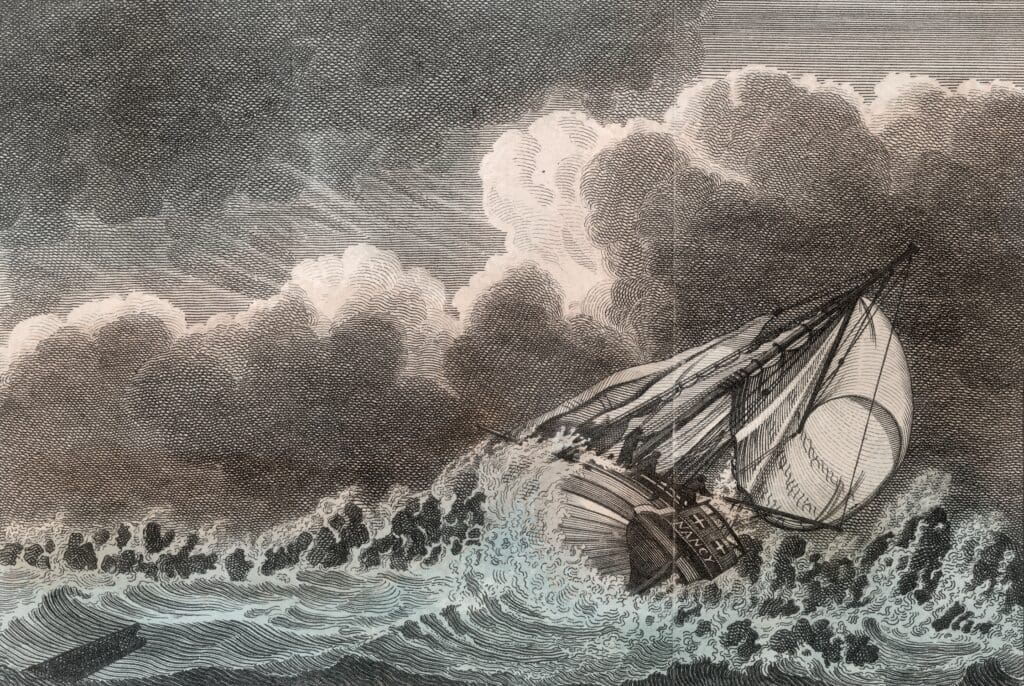 Engraving of a sailing ship battling large waves in a stormy sea, with dark clouds overhead and wind-blown sails.