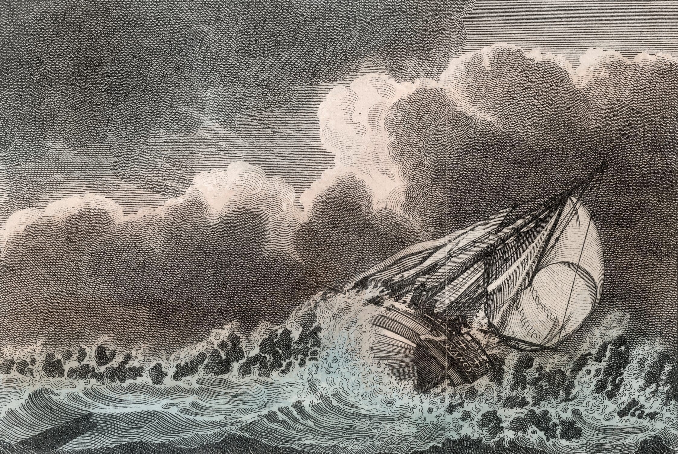 Engraving of a sailing ship battling large waves in a stormy sea, with dark clouds overhead and wind-blown sails.