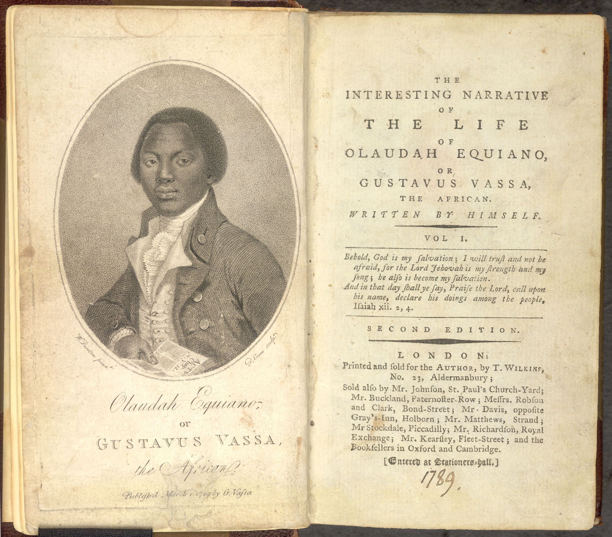A sepia portrait of Olaudah Equiano is on the left, labeled “Olaudah Equiano or Gustavus Vassa, the African.” The right page is the title page of his 1789 memoir detailing his life and enslavement.
