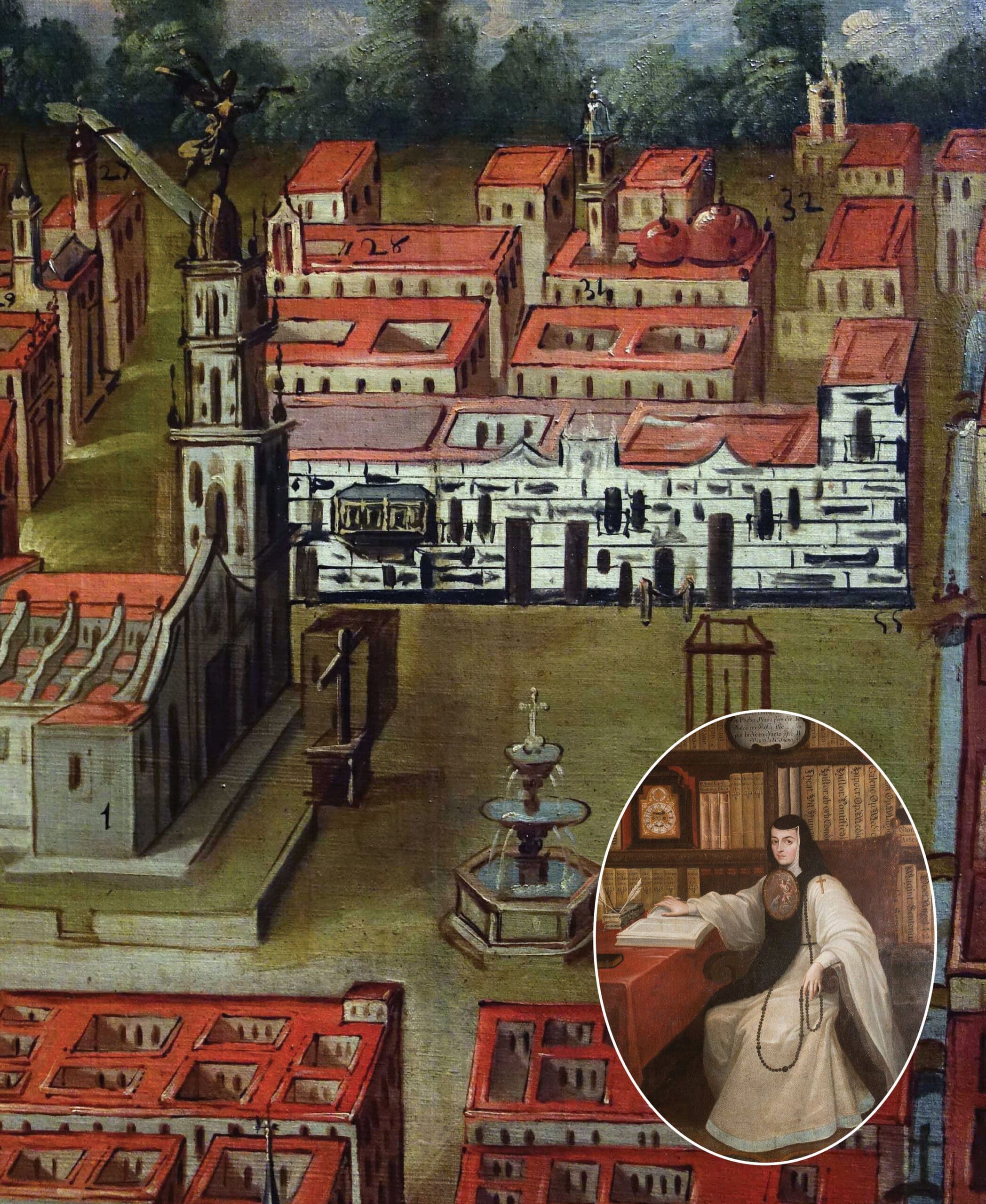 A colonial-era painting shows a city with red-roofed buildings and a large church; an inset at the bottom right depicts a woman in religious clothing seated at a desk with books and writing materials.