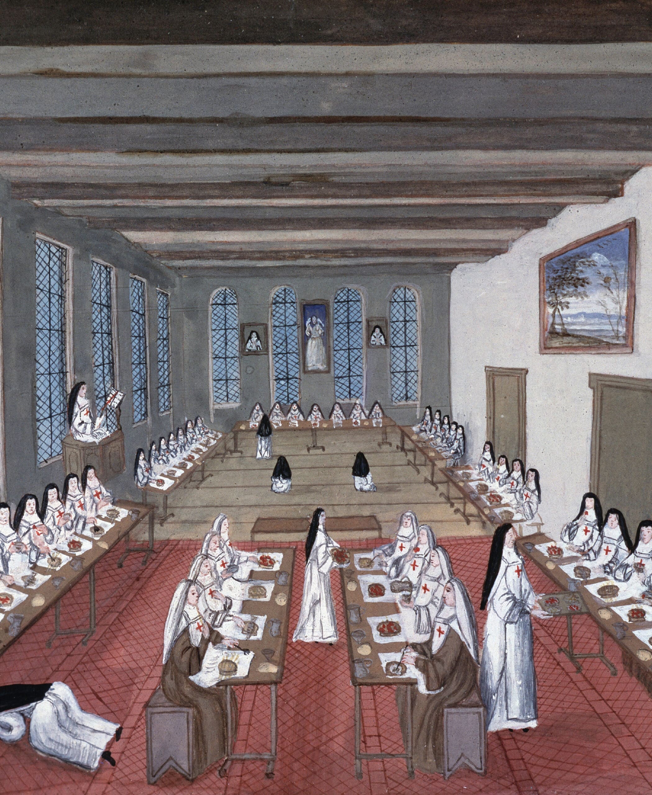 A historic painting shows nuns in white habits dining in a large hall with long tables. Some nuns eat, others serve food, and one stands reading. The room has tall windows, wooden beams, and a painting on the wall.