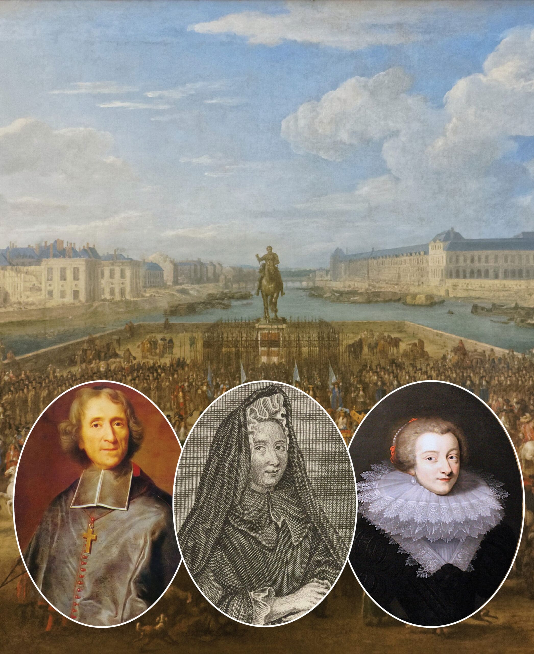 A historic city square painting with a central equestrian statue, overlaid with oval portraits of three people: an older man in clerical attire, a woman in a veil, and another woman in period clothing with a lace collar.