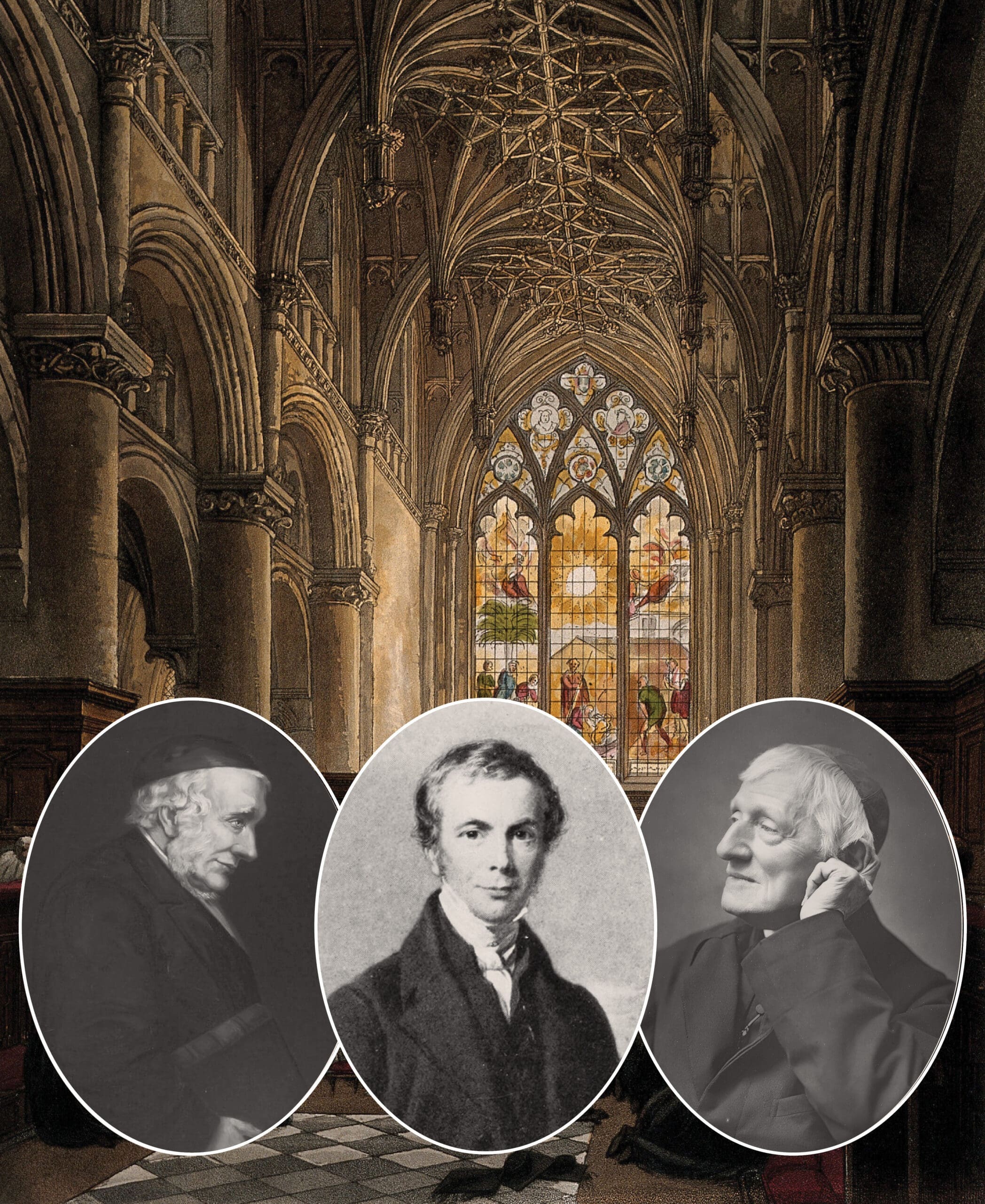 Three oval portraits of men are arranged in front of a grand cathedral interior with high arches and a colorful stained glass window in the background. The men appear to be from the 19th century, dressed in formal attire.