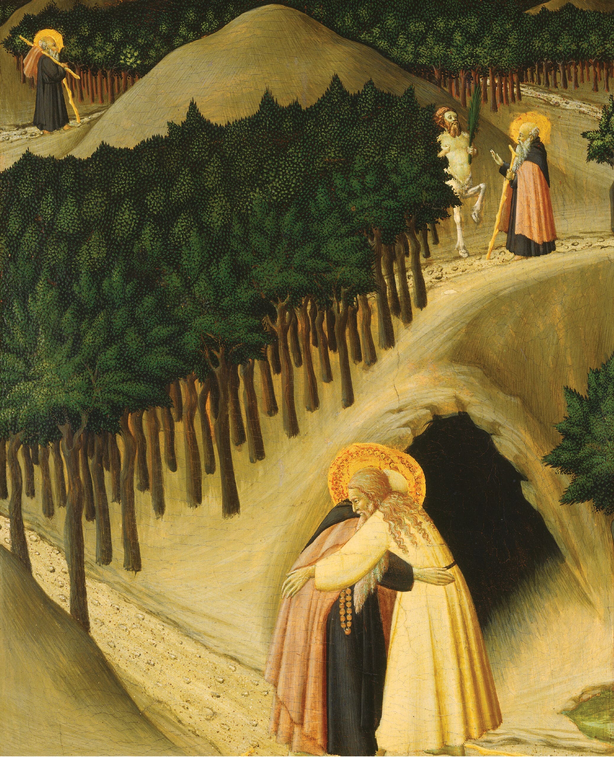 A medieval painting depicts two figures embracing in front of a cave, with a forest and hilly landscape in the background. Other figures appear on paths, one with a staff and one dressed in white, suggesting a narrative scene.