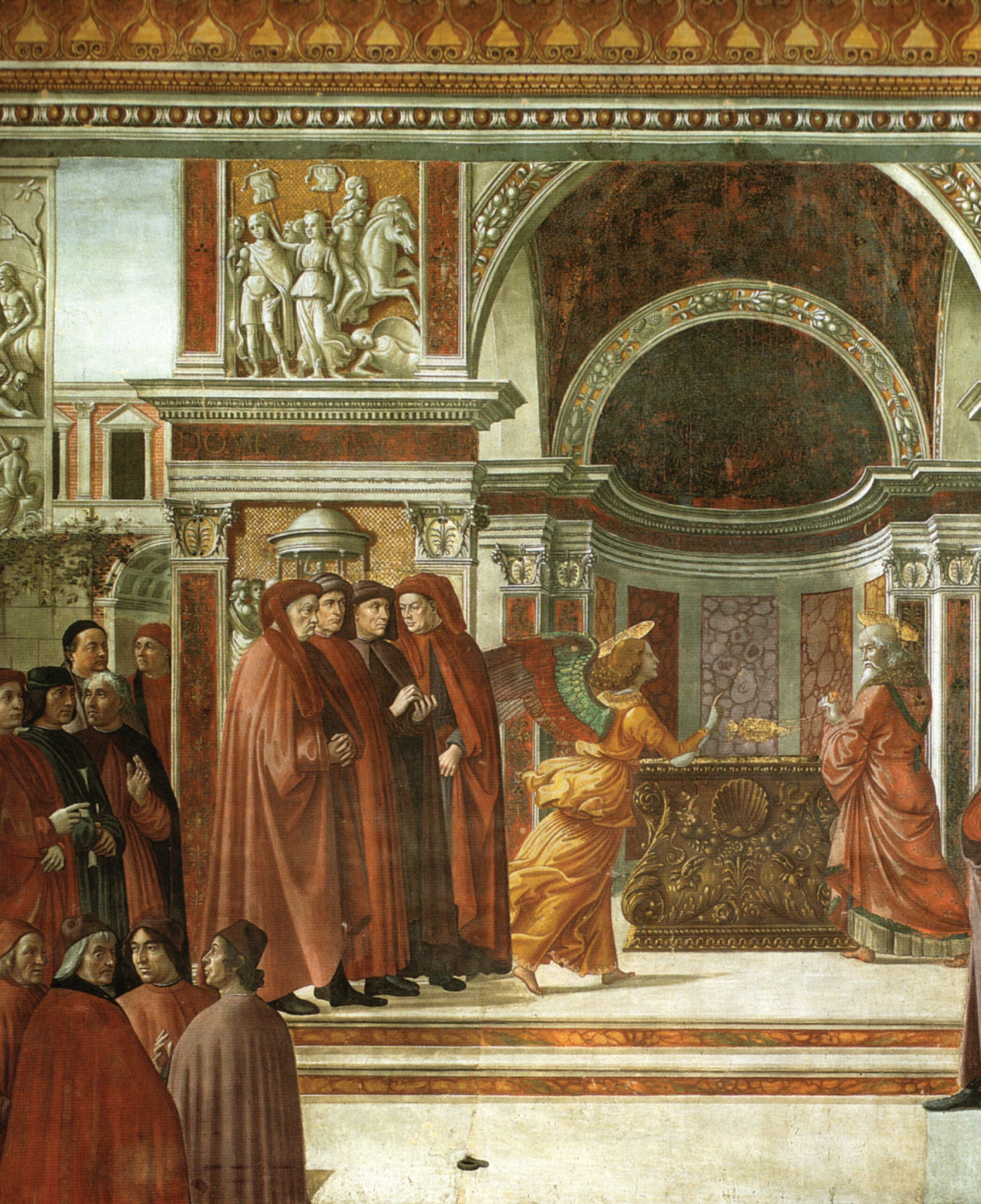 A Renaissance fresco depicts a group of men in red robes observing an angel delivering a message to an elderly figure behind an altar, set in a grand, ornate architectural interior.