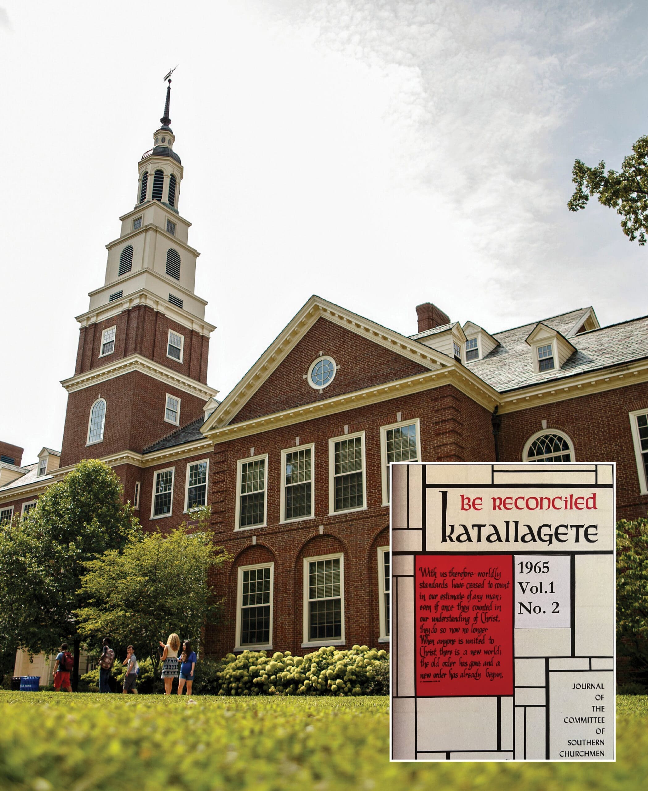 A tall brick university building with a white cupola and clock tower stands under a blue sky. Inset is a vintage journal cover titled Katallagete 1965 Vol.1 No.2 with decorative text and a red box.