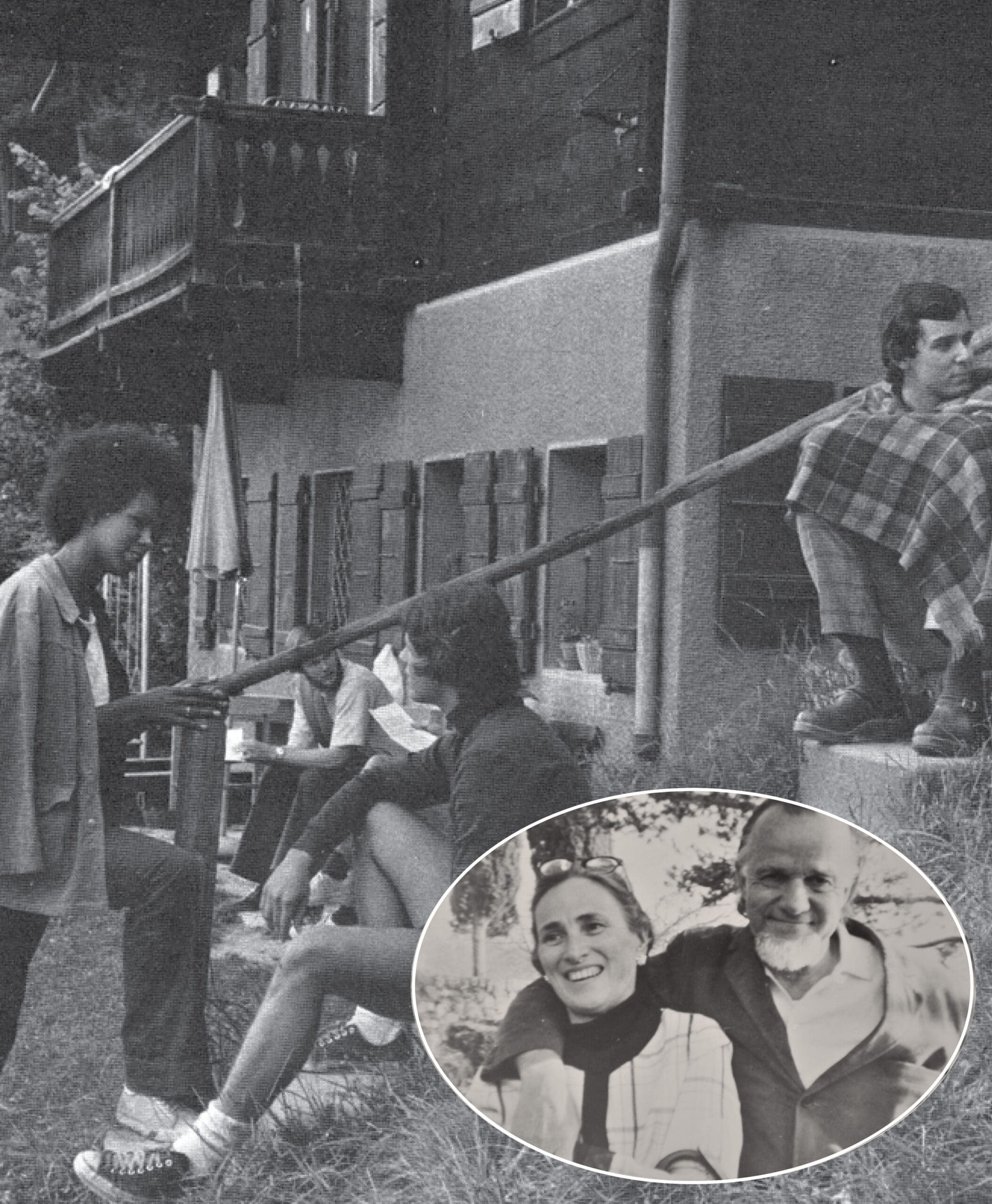 Black-and-white photo of four people talking outside a rustic wooden building; three sit on steps, one stands. An inset shows a smiling older couple outdoors, the woman wearing a scarf and the man with a beard.