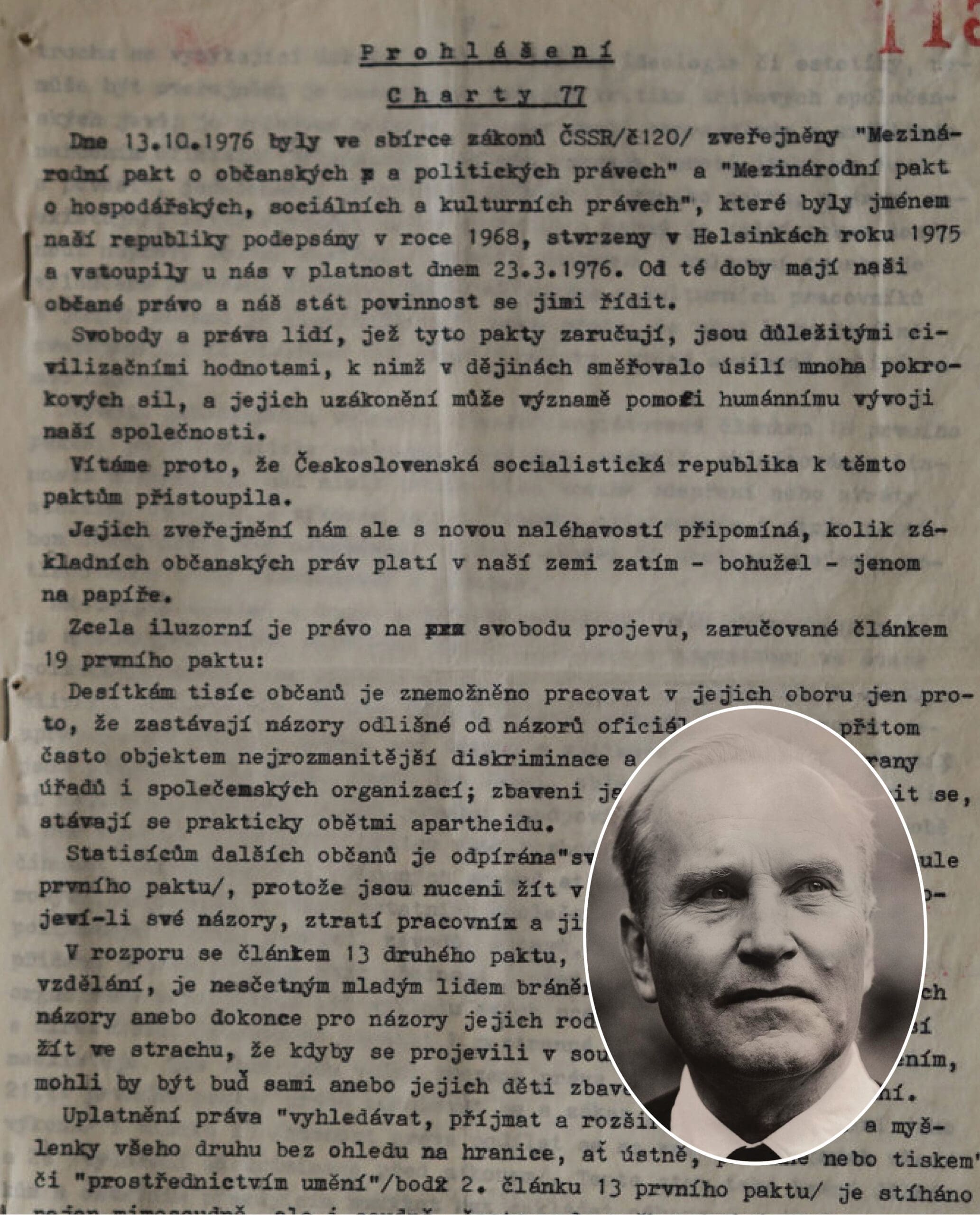 A typewritten Czech document with the title Prohlášení Charty 77. Overlapping the bottom right corner is a black-and-white portrait of an older man in a suit, looking slightly to the side.
