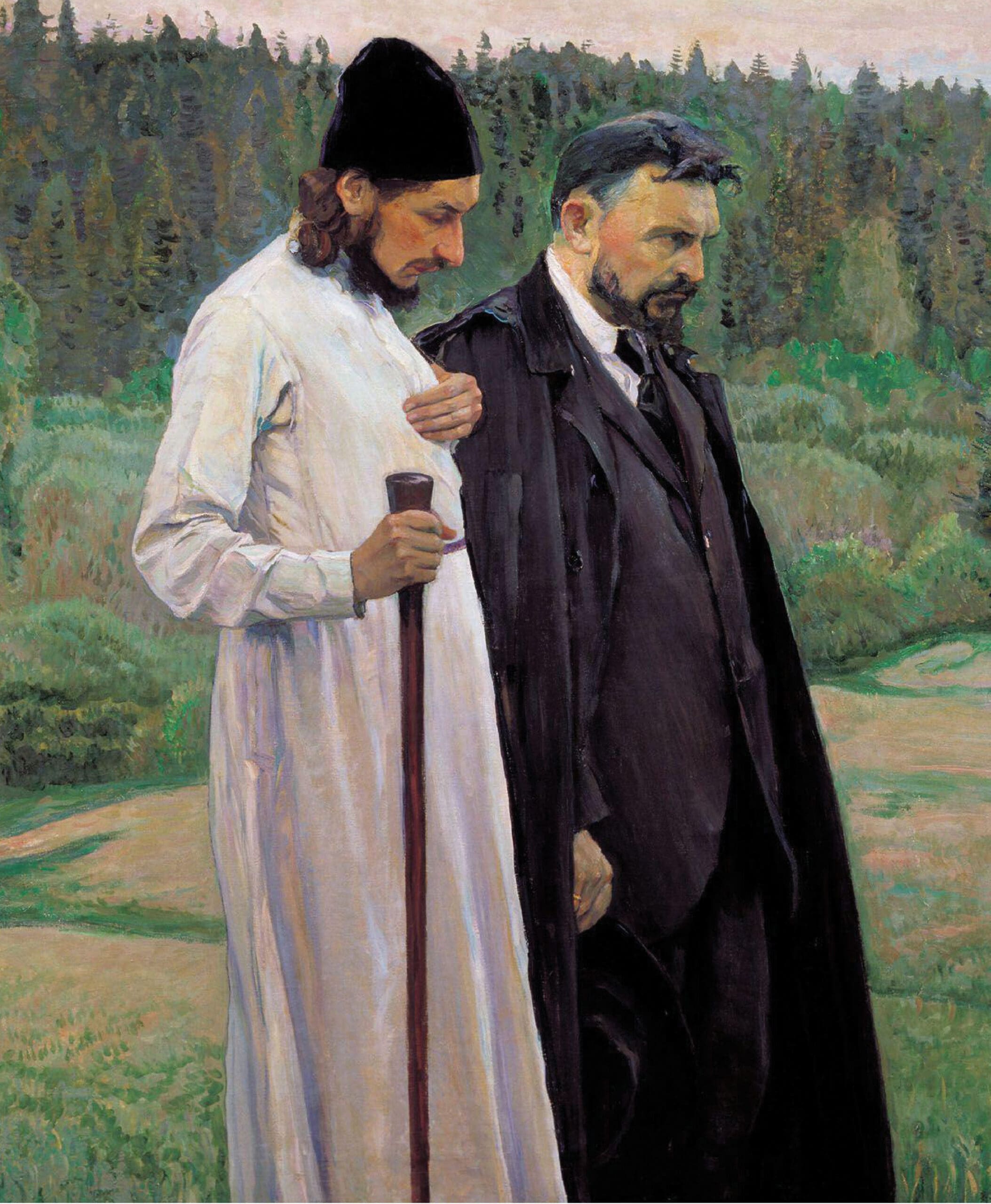 Two men stand side by side outdoors in front of a forest. One wears a long white robe and black hat, holding a staff. The other wears a dark overcoat and suit. Both appear deep in thought.